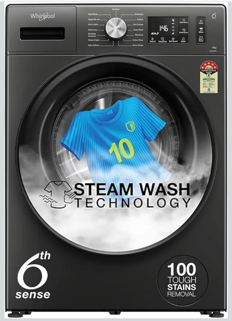 Whirlpool 9 Kg Steam Wash Technology 5 Star Inverter Front Load Fully Automatic Washing Machine  (SUPREME CARE 9014-E)