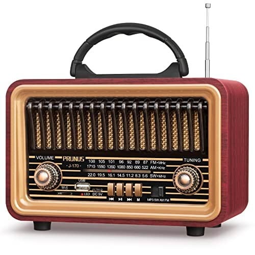 PRUNUS J-170 Retro Vintage Radio with Bluetooth Rich Bass Stereo Sound, Radios Portable AM FM SW, Rechargeable Speaker with TWS Pairing, Loud Volume,BT5.0, Micro SD Card & MP3 Player for Home Party