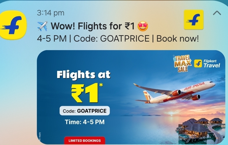 Flipkart Flights @ ₹1 from 4PM to 5PM | Code - GOATPRICE