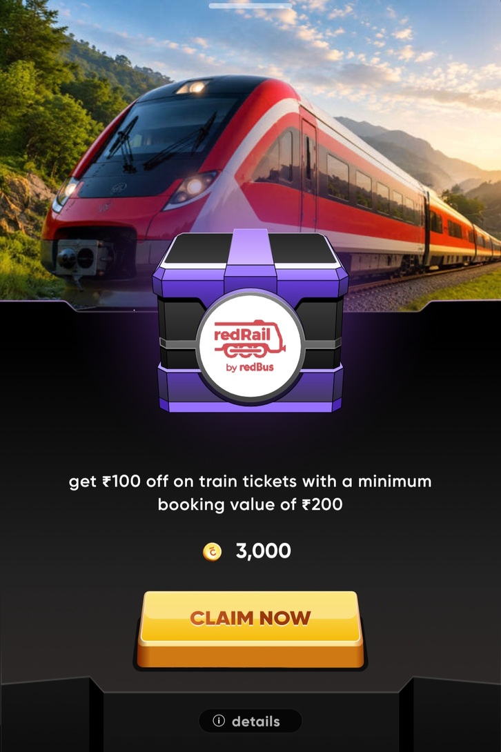 Cred: ₹100 off on redRail on min booking value of ₹200 (New users)