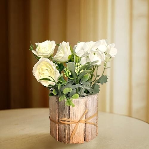 Cortina Wooden W Pot Mixed Flower | Home Décor Items for Living Room Balcony Kitchen Bedroom Office Table Top Decoration - Green, 20X10