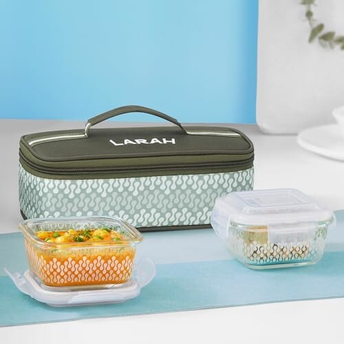 Gracia Borosilicate Glass Lunchbox with Bag | 2pc Square Container (320ml Each)