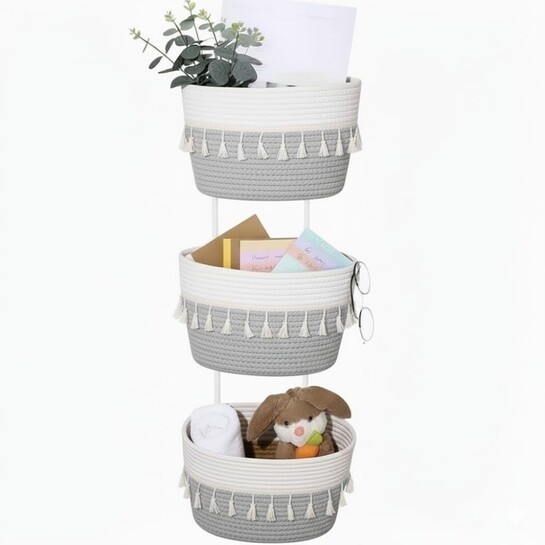 3 Tier Cotton Rope Hanging Storage Basket | Wall Organizer | Tassels | Kitchen Bathroom | Grey White