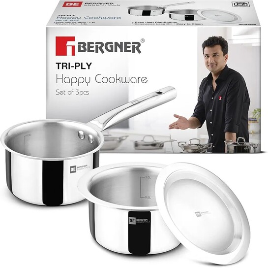 Bergner Tripro Triply 3 Pcs Stainless Steel Cookware Happy Set - Tope with Lid 16cm (1.5L) and Teapan 14cm (1L)