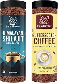 India Flavour Shilajit Coffee and Butterscotch Coffee by | Exotic Instant Coffee Powder, No Chicory | 100 gm Pack of 2