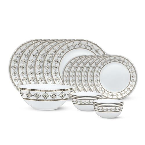 Larah by Borosil Syrah Kohinoor Series Opalware Dinner Set | 19 Pcs for Family of 6 | Plates & Bowls | White