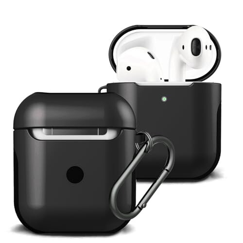 Amazon Basics Elite Shock-Absorbing Protective Case with Keychain for AirPods 1 and 2 | Visible Front LED (Black)