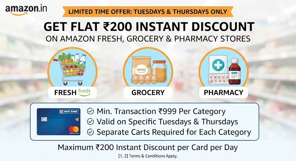 Amazon Fresh, Pharma & Grocery - Flat Rs 200 instant discount with HDFC Mastercard Debit Card