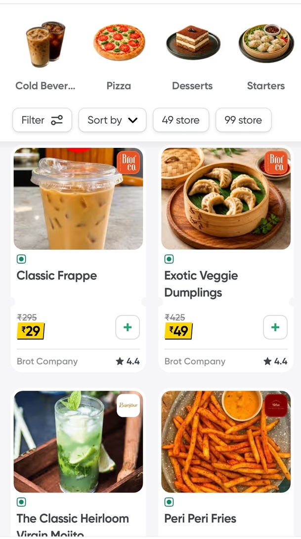 Swiggy cold coffee at 29₹ and momo at 49₹