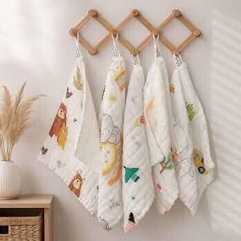 OXAURA Baby Muslin Wash Cloth Pack of 5, 6 Layer 100% Cotton Muslin Baby Wash Cloth 25 x 25 cm, Ultra Soft Newborn Face Towel