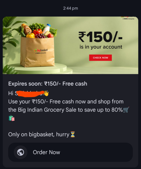 Bigbasket ₹150 free cash check your accounts (user specific)