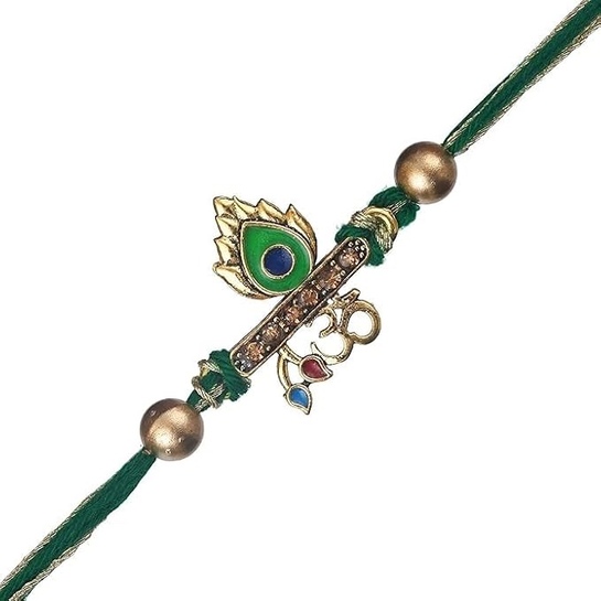 eCraftIndia Om Peacock Feather Designer Rakhi | Green Golden | Roli Chawal | Fridge Magnet