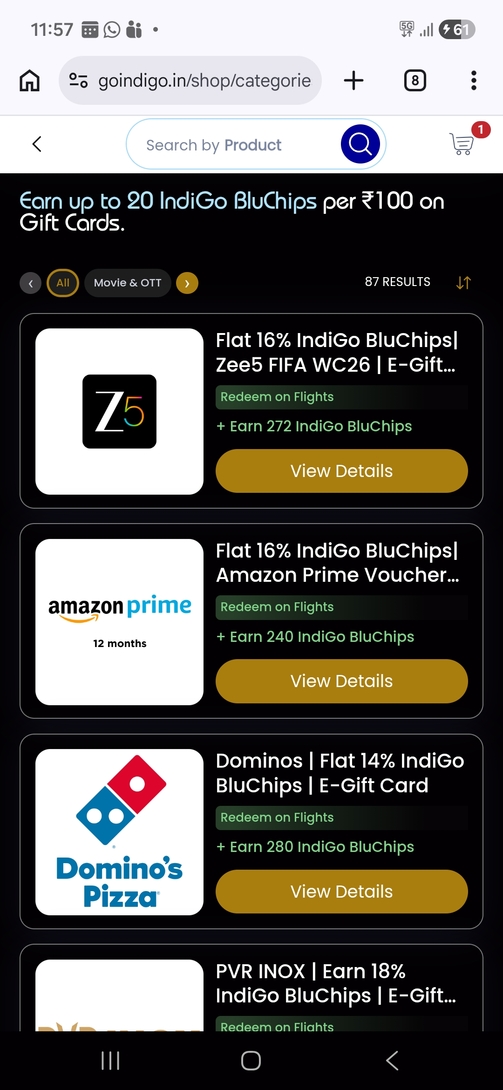 Earn up to 20 IndiGo BluChips per ₹100 on Gift Cards at IndiGo Shop