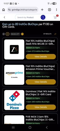 Earn up to 20 IndiGo BluChips per ₹100 on Gift Cards at IndiGo Shop