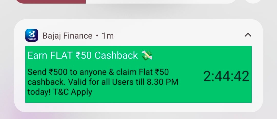 Bajaj finserv loot - 50rs cashback on 500rs upi payment (P2P /self) 
