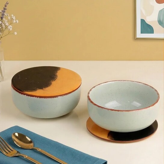 The Earth Store Mint Marble Ceramic Bowl with Lid Set of 2, 580ML | Multipurpose Coaster/Lid