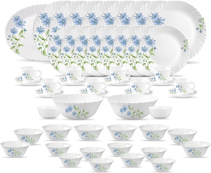 La Opala Classique Opalware Dinner Set, 53 Pcs for Family of 8, Blue Daisy