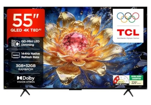 TCL 139 cm (55 Inches) 4K UHD Smart QLED Google TV | QD-Mini LED Dimming | 144Hz Refresh Rate | 3GB RAM | 55T8D
