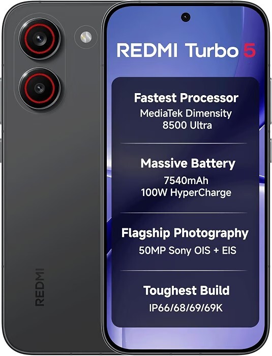 REDMI Turbo 5 (8GB + 256GB) Asphalt Black | Dimensity 8500 Ultra | Mega 7540mAh Battery 