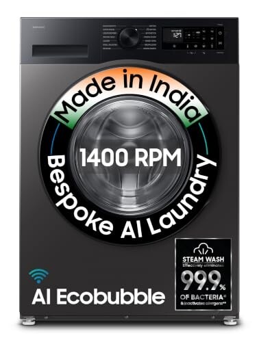 Samsung 9 kg, 5 star, AI EcoBubble, Super Speed, Wi-Fi, Hygiene Steam with Inbuilt Heater, Digital Inverter, Fully-Automatic Front Load Washing Machine (WW90DG5U24AXTL, Inox)