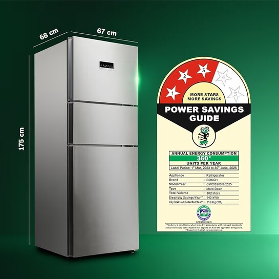 Bosch MaxFlex Convert 303L 3 Star Inverter Frost Free Triple Door Fridge