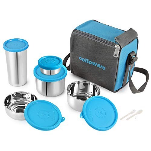 CELLO Steelox Set of 5 Pcs Lunch Box with Jacket For Office, Blue |Airtight Tiffin Box For Daily Use Travel