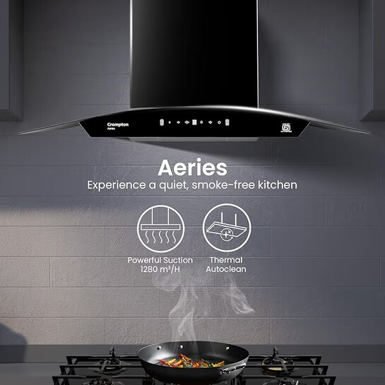Crompton Aeries Curved 75cm 1280m3/hr Kitchen Curved Chimney| Filterless Thermal Autoclean| Gesture Control| Built In Oil Collector