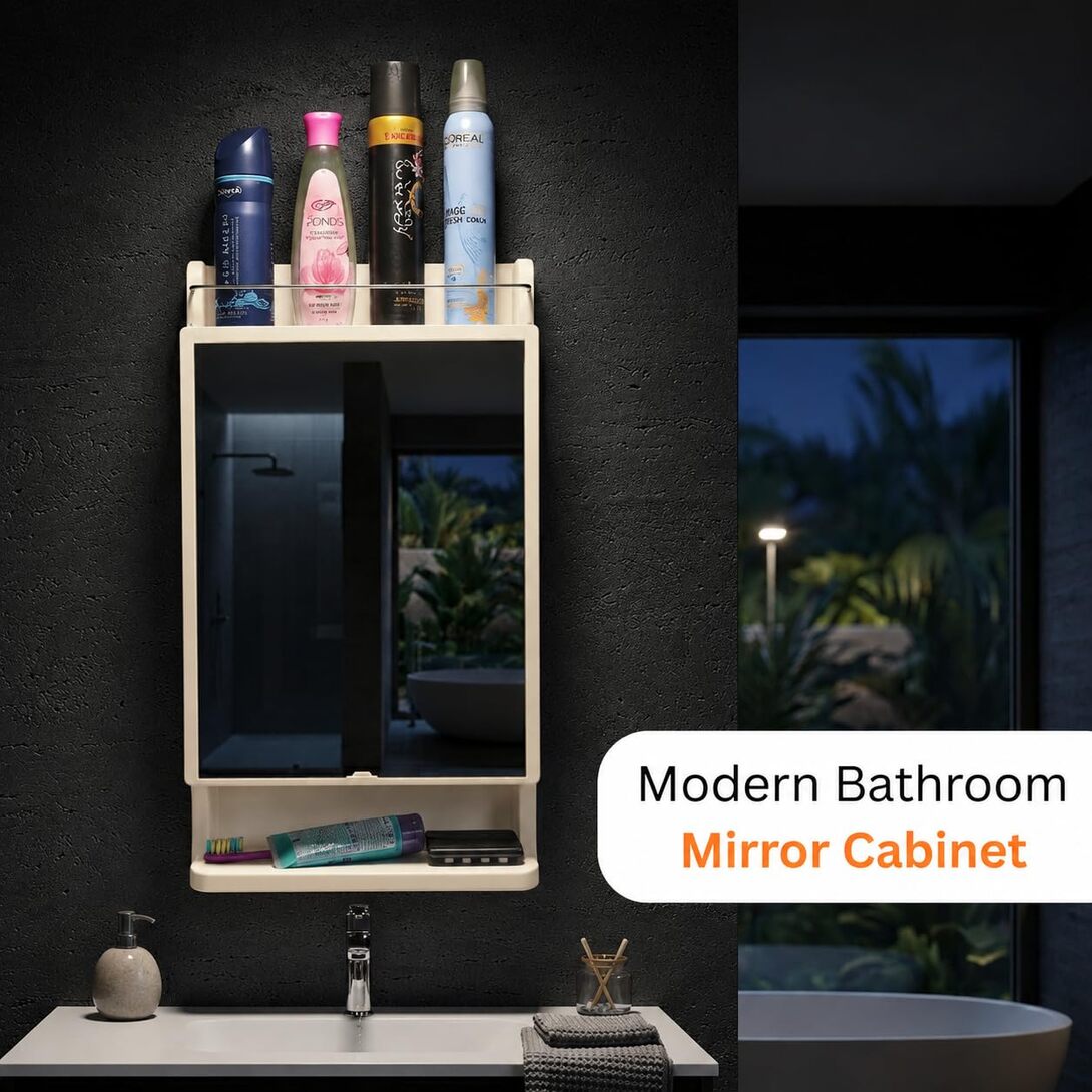 CIPLA PLAST Rich Look Bathroom Cabinet with Mirror | Storage Organiser | Strong Plastic Bathroom Shelves Wall Mounted | Bathroom Accessories| Mirror Cabinet (1, Ivory, Rectangular)