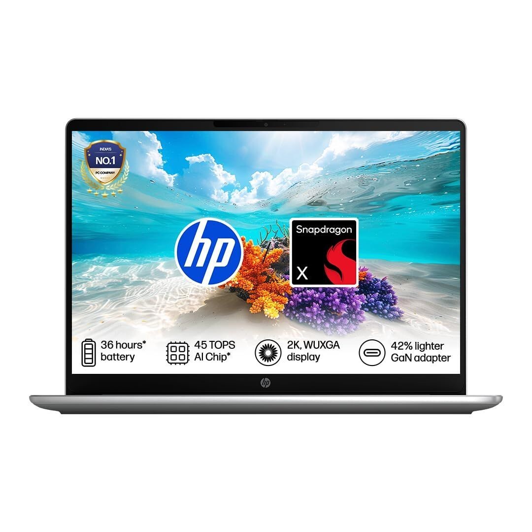HP Omnibook 3, Snapdragon X Processor 45 TOPS (16GB LPDDR5x,512GB SSD) 2K WUXGA, Anti-Glare, 14''/35.6cm, Win 11, M365*Office 24,Silver,1.42kg, hz0026QU, Lighter mini Charger, FHD IR Camera, AI Laptop