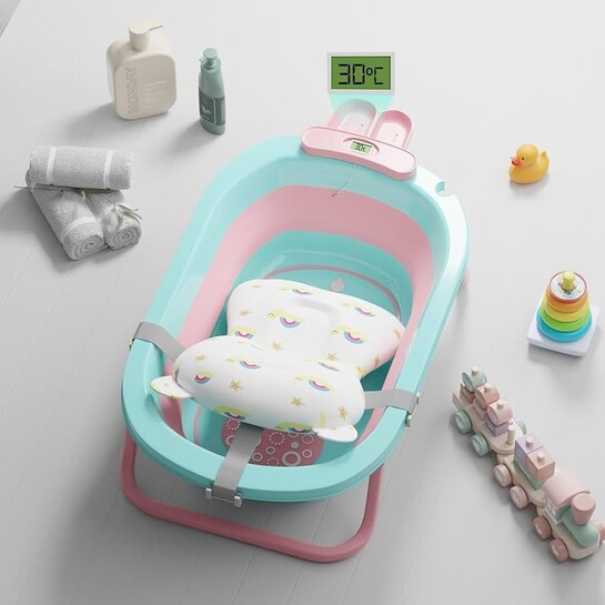 Baby Bath Tub for 0-3 Years, Newborn Baby Essentials, Foldable Kid-Friendly - Mini Swimming Pool Tub, Padded Cushion & Thermometer, Portable Bathtub for Bathroom Use, Dual Tone Colour