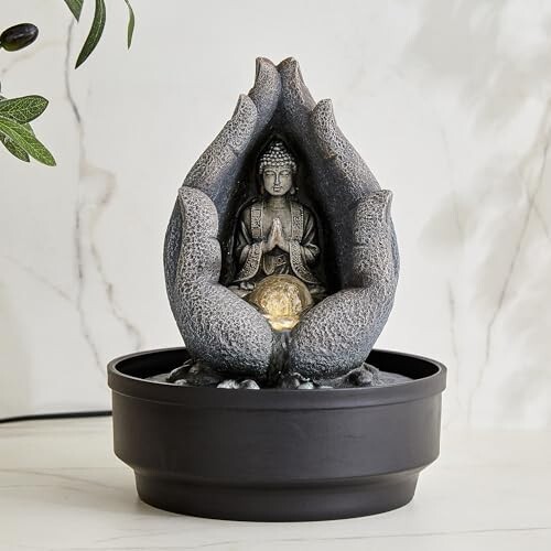 Home Centre Alpine Modern Polyresin Buddha in Palm Water Fountain - 22x27cm