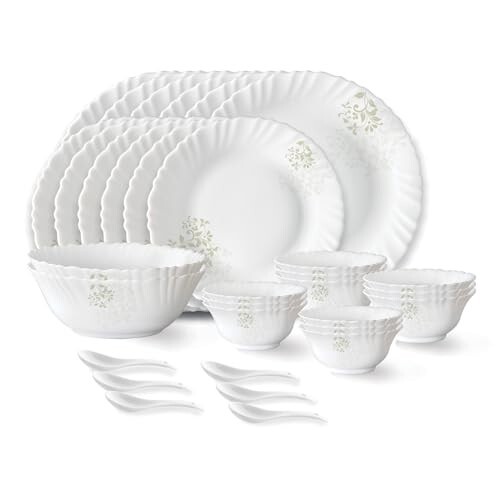 Larah by Borosil Ingot Fluted Series Opalware Dinner Set | 33 Pieces