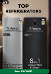 livetv Extra ₹1000 on Refrigerators