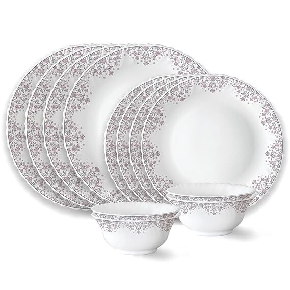 Larah by Borosil Lark Fluted Series Opalware Dinner Set | 12 Pieces for Family of 4 