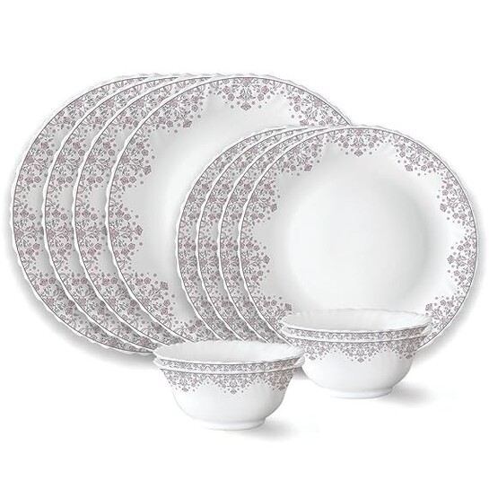 Larah by Borosil Lark Fluted Series Opalware Dinner Set | 12 Pieces for Family of 4 
