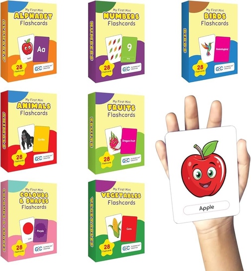 GDC 7-in-1 Educational Flashcards for Kids | 196 Cards | Alphabet Animals Birds Fruits Numbers