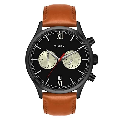 TIMEX Analog Watch for man with Black Round Dial & Tan Leather Strap Band 