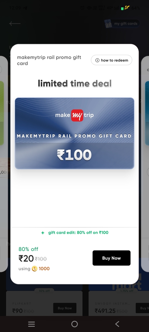 Cred Make My Trip rail promo gift card@ 80% off