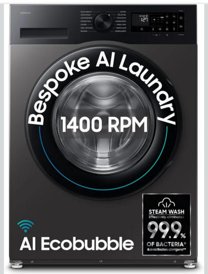 Samsung 9 kg, 5 star, AI EcoBubble, Super Speed, Wi-Fi, Hygiene Steam with Inbuilt Heater, Digital Inverter, Fully-Automatic Front Load Washing Machine (WW90DG5U24AXTL, Inox)