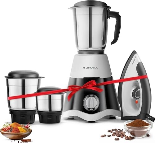 Longway Super Dlx Mixer Grinder with Kwid 1100W Dry Iron | 500 Watt Powerful Motor | 3 Jars for Grinding, Mixing, Juicing | 2 Year Warranty (Black & Gray, Combo Offer)