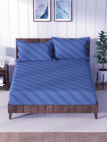 Buy Nautica Navy Blue Striped Pure Cotton 160 TC Fitted King Bedsheet With 2 Pillow Covers 108 X 108 Inches - Bedsheets for Unisex 30715020 | Myntra