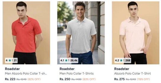 Myntra | Roadster Men Polo T-shirts Starts starting from 223