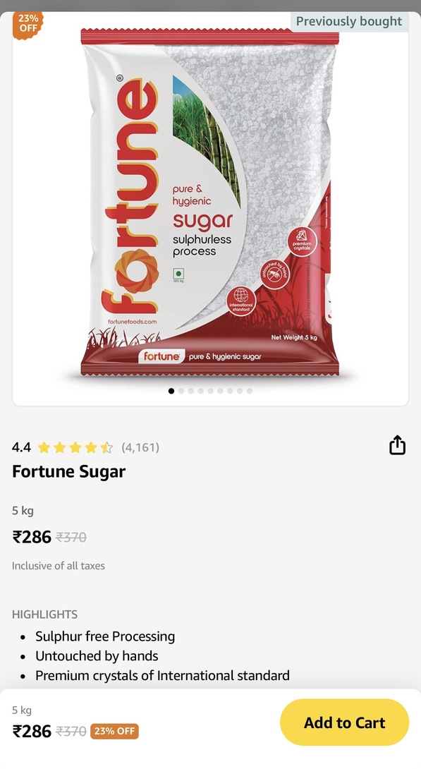 Fortune sugar 5kg at ₹286 on Amazon Now
