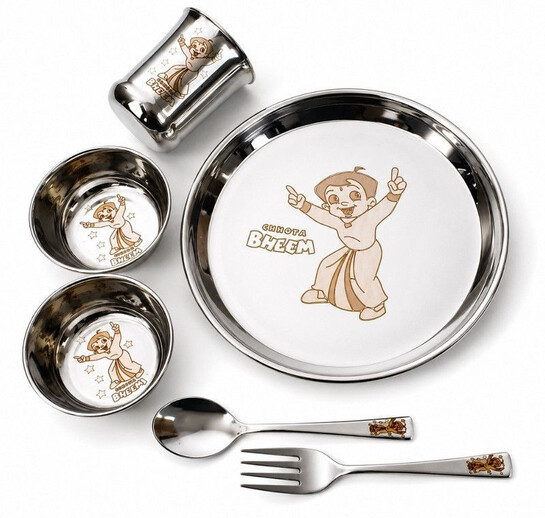 Swarn Bhumi Pack of 6 Steel "The Super Chhota bheem permanent laser print dinner set for kids " Dinner Set (Steel)