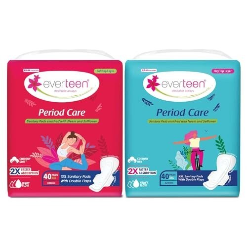 everteen XXL 80 Sanitary Pads for Women, 320mm Soft and Dry Sanitary Napkin Combo, Infused with Neem-Safflower Rash Free, Skin Friendly, Advanced Leak Protection - 2 Packs (40 Pads Each)