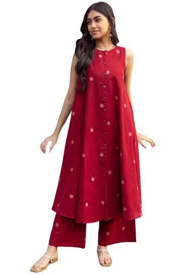 ANNI DESIGNER Women's Cotton Printed Maroon Hand-Print Kurta Set