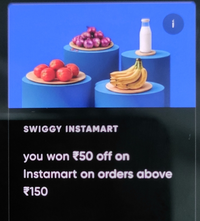Cred x Instamart: Flat Rs 50 off on Rs150 with 3000 coins (may be user specific)