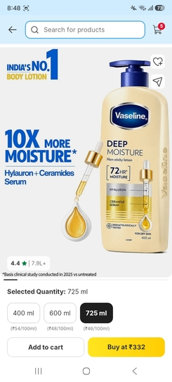 Vaseline Deep Moisture Body Lotion (725 ml) at ₹332 (MRP ₹949) | 65% OFF