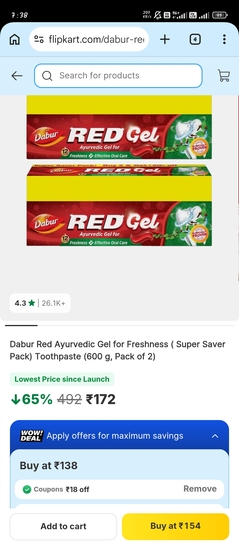 Flipkart : 600 gm dabur toothpaste at 154