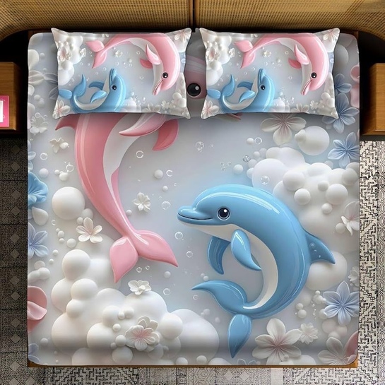 Dream Living 7D Design Queen Bedsheet 228x254 Inch | 2 Pillow Covers | Fish Pair Design